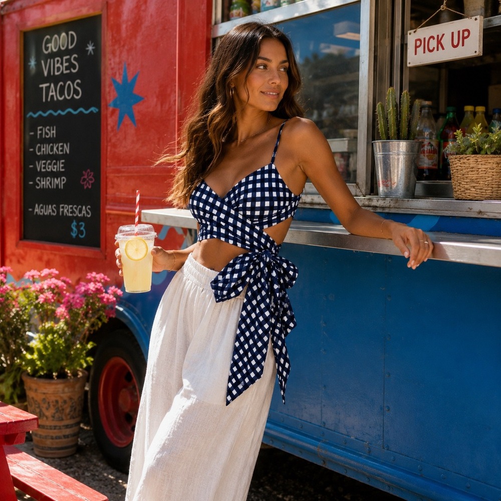 Johanna Ortiz Blue Gingham‎ Wrap Tie Crop Top Size 0 Luxury Resortwear